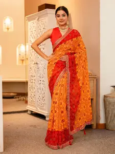 Satrani Bandhani Printed Sequinned Saree With Unstiched Blouse Piece