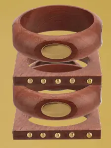 ATIBELLE Set Of 4 Gold-Plated Beaded & Round-Square Twisted Shaped Wooden Bangles