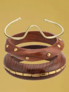 ATIBELLE Set Of 3 Gold-Plated Beaded & Round-Square Twisted Shaped Wooden Bangles