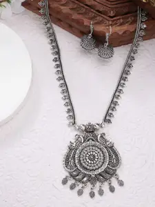 Sangria Women Peacock Design Oxidized Necklace With Jhumka Earrings