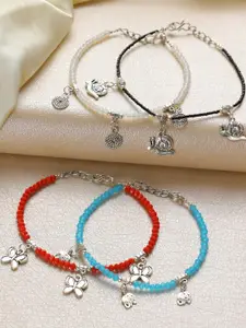 Anouk Set of 4 Silver Elephant,Flowerbutterfly,Circle & Cocoon Charms Beaded Handcrafted Anklets