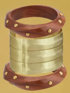 ATIBELLE Set Of 3 Gold-Plated Beaded Twisted Shaped Wooden Bangles