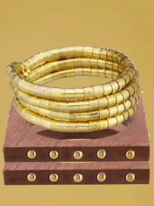 ATIBELLE Set Of 3 Gold-Plated Beaded & Round-Square Twisted Shaped Wooden Bangles