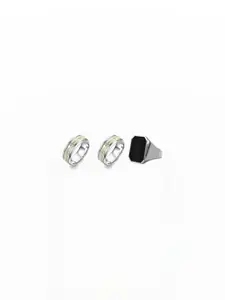 Dynamic Retail Global Set of 3 Ring for Men, Silver-Black Alloy Ring ()