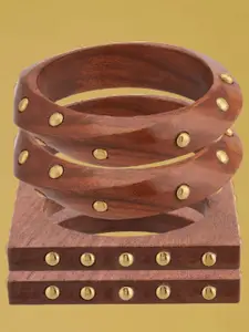 ATIBELLE Set Of 4 Gold-Plated Beaded & Round-Square Twisted Shaped Wooden Bangles