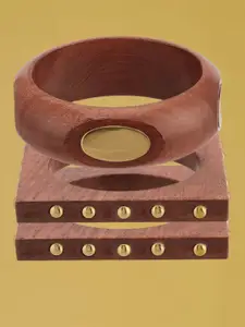 ATIBELLE Set Of 3 Gold-Plated Round-Square Twisted Shaped Wooden Bangles