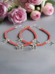 Sangria Set of 2 Butterfly Charms Beaded Handcrafted Anklets