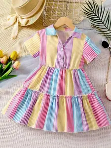 BAESD Girls Striped Shirt Collar Fit & Flare Midi Dress