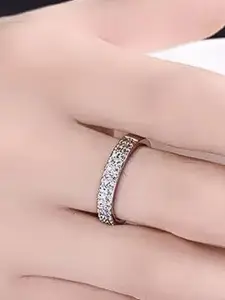 V FASHION JEWELLERY Stainless Steel Sliver-Plated Cubic Zirconia Studded Finger Ring