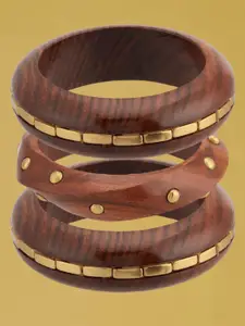 ATIBELLE Set Of 3 Gold-Plated Beaded & Round-Square Twisted Shaped Wooden Bangles