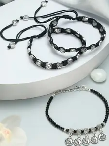 Anouk Set of 3 Silver-Toned & Black Beaded Tribal Thread Anklets/Bracelet