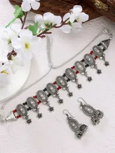 Sangria Women Silver-Plated Beaded Oxidized Choker Necklace With Jhumka Earrings