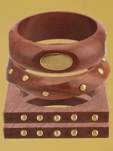 ATIBELLE Set Of 4 Gold-Plated Beaded Twisted Shaped Wooden Bangles