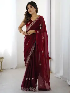 Satrani Floral Embroidered Sequinned Tissue Saree