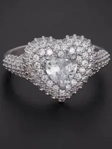 V FASHION JEWELLERY Stainless Steel Sliver-Plated Cubic Zirconia-Studded Heart Finger Ring