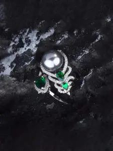 Jewels Galaxy Silver-Plated Cubic Zirconia-Studded & Pearls Beaded Finger Ring