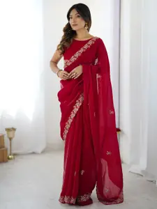 Satrani Floral Embroidered Thread Work Tissue Saree