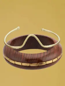 ATIBELLE Set Of 2 Gold-Plated Beaded & Round-Square Twisted Shaped Wooden Bangles