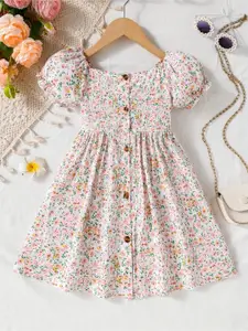 BAESD Girls Floral Printed Puff Sleeve Fit & Flare Midi Dress