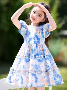 BAESD Girls Tropical Print Ruffles Puff Sleeves Fit & Flare Midi Dress