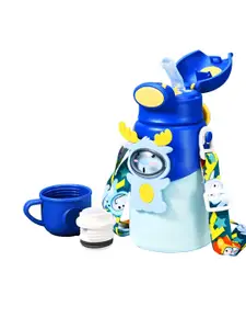 JOYFILLS Blue 3D Animal Sipper & Thermos Flask With Straw & Cup Water Bottle - 500ml