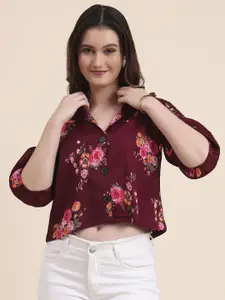 DressBerry Classic Boxy Floral Printed Cuban Collar Puff Sleeves Crop Casual Shirt