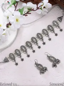 Sangria Women Silver-Plated Choke Oxidized Necklace with Jhumka Earrings