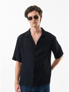 Snitch Oversized Textured Cuban Collar Casual Shirt