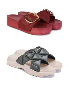 DRACKFOOT Women Pack Of 2 Self Design Slip-On Flip-Flops