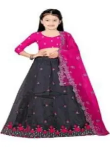 F Plus Fashion Girls Black Net Semi-Stitched Lehenga Choli