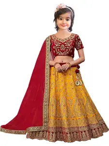 F Plus Fashion Girls Yellow Satin Semi-Stitched Lehenga Choli