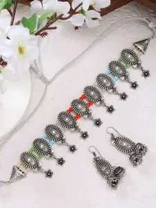 Sangria Silver Plated Artificial Beads Choke Oxidized Necklace with Jhumka Earrings