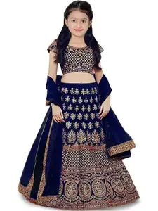 F Plus Fashion Girls Blue Satin Semi-Stitched Lehenga Choli