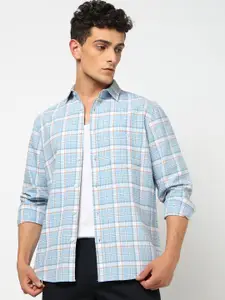 Blue Buddha Men Tailored Fit Tartan Checked Spread Collar Cotton Casual Shirt