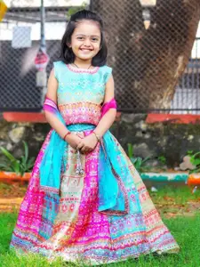 BAESD Girls Printed Mirror Work Tie and Dye Ready to Wear Lehenga & Blouse With Dupatta