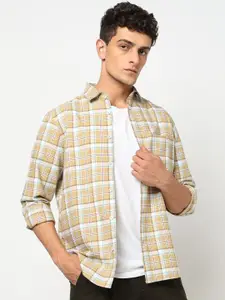 Blue Buddha Men Tailored Fit Tartan Checked Spread Collar Cotton Casual Shirt