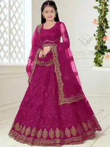 F Plus Fashion Girls Maroon Net Semi-Stitched Lehenga Choli