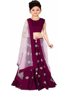 F Plus Fashion Girls Purple Silk Blend Semi-Stitched Lehenga Choli