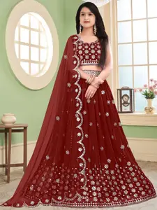 F Plus Fashion Girls Maroon Net Semi-Stitched Lehenga Choli