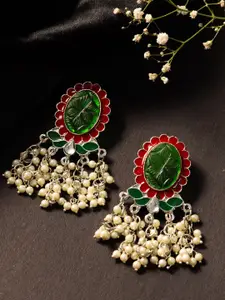 PANASH Silver-Plated Artificial Stone Studded & Beaded Oval Shaped Drop Earrings