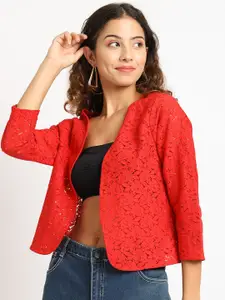 Moonaa Fashion Self Design V-Neck Open Front Crop Cotton Shrug