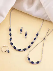 Anouk Silver Plated Blue Stone Studded Necklace Set With Ring And bracelet