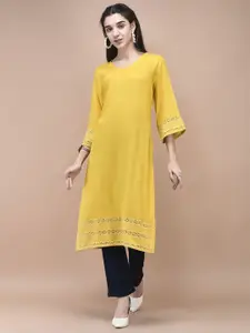 Shree Women Ethnic Motifs Solid Flared Sleeves Thread Work Regular Kurta
