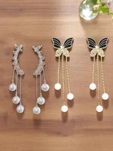 VAGHBHATT Set Of 2 Gold-Plated Crystal Studded & Pearls Beaded Drop Earrings