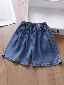 INCLUD Girls Regular Fit Mid-Rise Pleated Denim Shorts