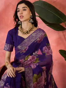 Sangria Women Floral Printed Poly Chiffon Celebrity Saree With Blouse Piece