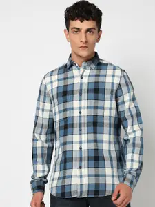Blue Buddha Men Tailored Fit Tartan Checked Spread Collar Cotton Casual Shirt