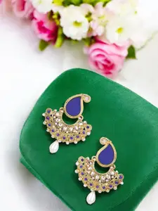ANIKAS CREATION Gold-Plated Artificial Stones Studded Paisley Shaped Drop Earrings