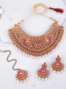 Anouk Gold-Plated Pink Floral Kundan & Pearl Choker Necklace Set