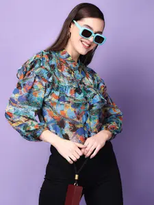 SCORPIUS Classic Abstract Printed Band Collar Ruffles Sheer Georgette Casual Shirt